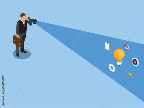 A businessman looking through a telescope and discovering various business icons, such as a lightbulb, a rocket, and a target 3d isometric vector illustration
