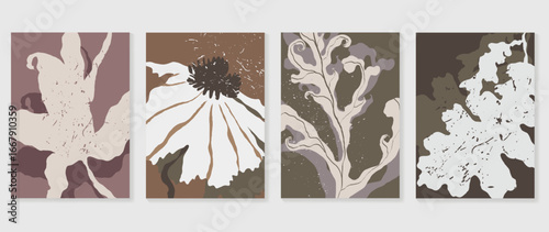 Abstract botanical poster vector set. Leaves, flower with grain texture in earth tone colors. Illustration design for Eco packaging, interior, cover, wall art, wallpaper.