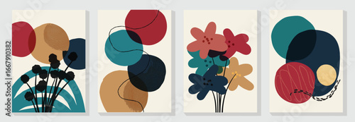 Abstract wall art vector set. Flower and organic shape with watercolor texture in earth tone colors. Illustration design for Eco packaging, interior, cover, wall art, wallpaper.