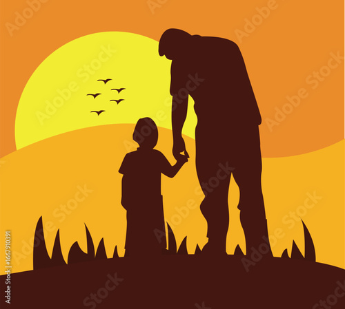 A father spending quality time with his young son on a weekend, watching the sunset together. The scene reflects love, bonding, and the warmth of Father’s Day, symbolizing family connection, joy, and 