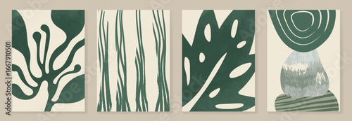 Abstract wall art vector set. Leaves and organic shape with green watercolor texture in earth tone colors. Illustration design for Eco packaging, interior, cover, wall art, wallpaper.