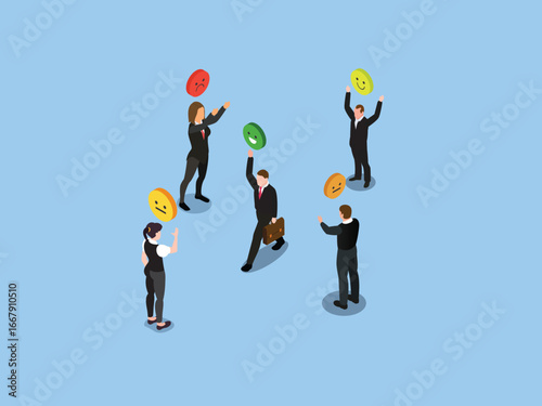 A group of business people tossing coins with different emojis on them. Concept of social media feedback, performance rating, and customer satisfaction 3d isometric vector illustration