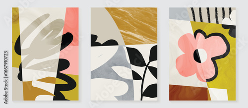 Abstract wall art vector set. Flower and organic shape with watercolor texture in earth tone colors. Illustration design for Eco packaging, interior, cover, wall art, wallpaper.