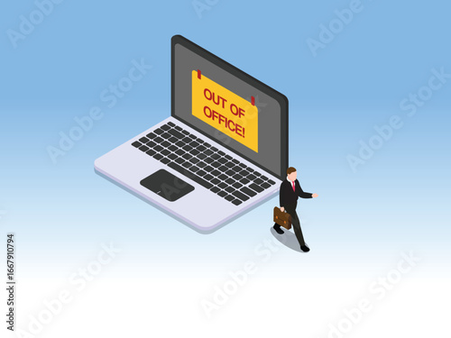A businessman leaving his laptop with an "Out of Office" sign on the screen. Concept of holiday, vacation, and work-life balance 3d isometric vector illustration