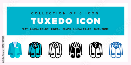 Collection of 6 Tuxedo Icons. Flat. Lineal. Glyph. and Dual Tone Styles
