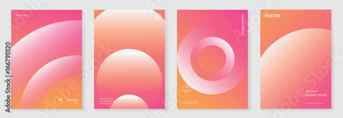Modern gradient poster on pink orange background vector set. Cover template with white pink gradient geometric shape. Modern Design for wall art, flyer, brochure, cover and web banner.