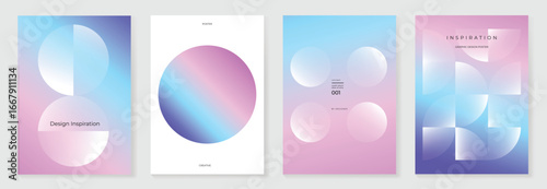 Modern gradient poster on pink blue background vector set. Cover template with white geometric shape. Modern Design for wall art, flyer, brochure, cover and web banner.