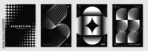 Abstract monochrome poster background vector set. Modern cover template with black and white perspective geometric prism shape, line, dot halftone. Ideal design for social media, banner, ads.