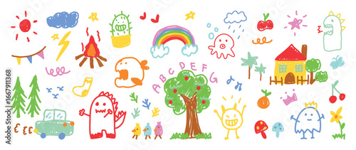 kids hand drawn doodle vector. Cute flower, cloud, sun, dino, squid, tree, house, car, monster, mushroom, rainbow in colorful. Design for fabric, sticker, icon, kids.