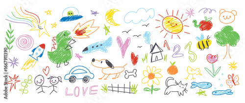 kids hand drawn doodle vector. Cute flower, cloud, sun, dino, airplane, dog, cat, car, ufo, house, rocket, tree, apple, fish in colorful. Design for fabric, sticker, icon, kids.