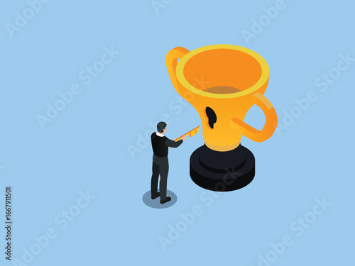 A small businessman trying to open a giant golden trophy with a tiny key 3d isometric vector illustration
