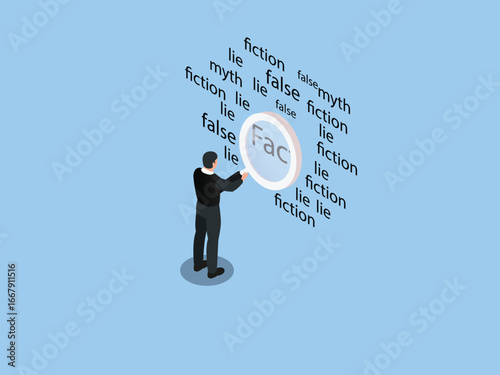 A businessman using a magnifying glass to find Fact among words like lie, fiction, and false 3d isometric vector illustration