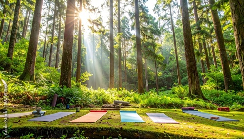 Serene Yoga Sanctuary in Sunlit Forest Clearing