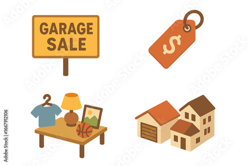 Garage sale icon set vector illustration. Isometric flat design icons for yard sale, flea market. Concept for selling used goods, community event, secondhand shopping.