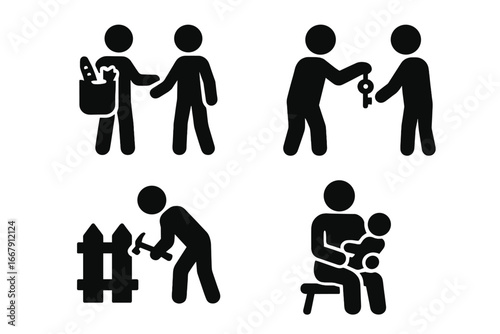 Neighborly help icon set. Solid glyphs showing community support, kindness, and volunteering. People helping with groceries, lending keys, fixing a fence, and babysitting.