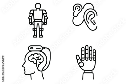 Neuroprosthetics and bionics outline icon set. Includes robotic exoskeleton for rehabilitation, cochlear implant, deep brain stimulation, and prosthetic hand. Vector graphic.