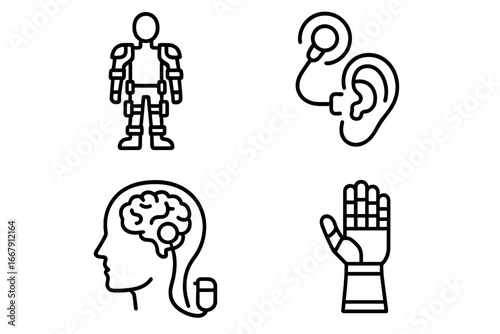 Neuroprosthetics icon set. Bionic technology outline icons. Robotic exoskeleton, prosthetic hand, cochlear implant and brain computer interface. Medical future and rehabilitation.