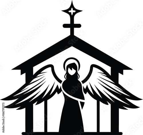 Angel With Halo Above Nativity Stable
