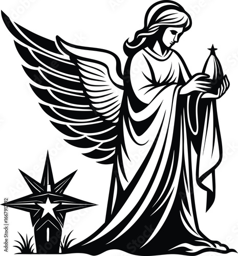 Angel With Flowing Robes Above Nativity Scene