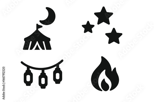 Night circus vector icon set. Solid glyph symbols for carnival, festival, or fair. Includes big top tent under moon, stars, string lanterns, and campfire. Entertainment graphic.