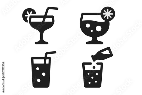 Cocktail and mocktail solid glyph icon set. Vector silhouette illustration of summer drinks. Bar menu symbols for juice, soda, fruit punch, and non-alcoholic beverages.