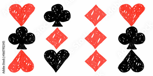 Hand Drawn Playing Card Suits Hearts Clubs Diamonds in Red and Black