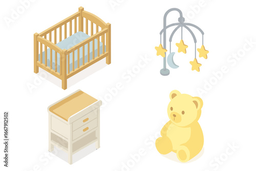 Nursery furniture icon set. Isometric baby room decor elements. Vector illustration of a wooden crib, changing table, baby mobile with stars, and teddy bear. Newborn essentials.