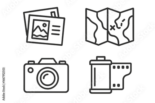 Nostalgic travel icon set. Vector line art of vintage postcards, map, retro photo camera, and film roll. Road trip, adventure, and vacation memories symbols. Photography hobby.