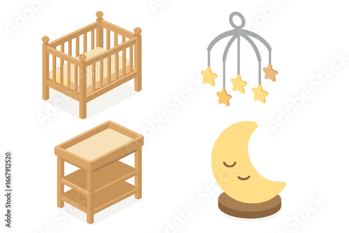 Isometric nursery decor icon set with baby room furniture. Vector illustration collection includes a wooden crib, changing table, mobile with stars, and a cute moon nightlight.