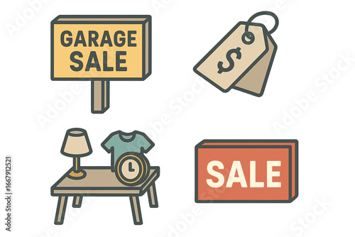 Garage sale vector icon set. Yard sale concept with sign, price tag, second hand items. Furniture, clothes, household goods. Flea market symbols for promotion. Retro design.