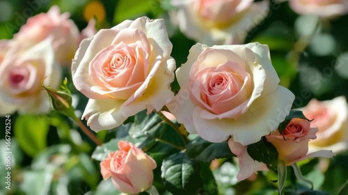 Soft pink rose flower bloom in garden with green leaves and sunlight, delicate petals showing natural beauty, fresh growth, and peaceful atmosphere in natures vibrant plant scene