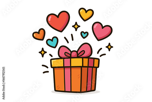 Gift box with colorful hearts. Present with love. Vector cartoon illustration for Valentine's Day, birthday, celebration. Surprise donation concept. Festive holiday graphic.