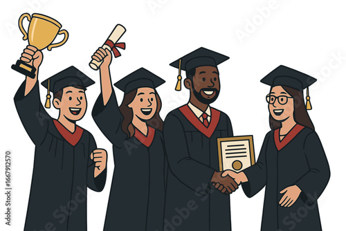 Graduation celebration with diverse students. Academic achievement success concept. Happy graduates in cap and gown holding diploma, trophy. University, college ceremony vector.