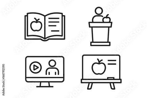 Nutrition education line icon set. Healthy diet and food learning symbols. Webinar, lecture, e-learning course and book icons for dietitian and health coach resources.