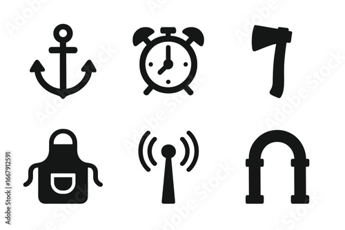 Objects starting with A. Solid glyph icon set collection. Vector symbols of anchor, alarm clock, axe, apron, antenna, and archway. Isolated silhouette graphic elements.
