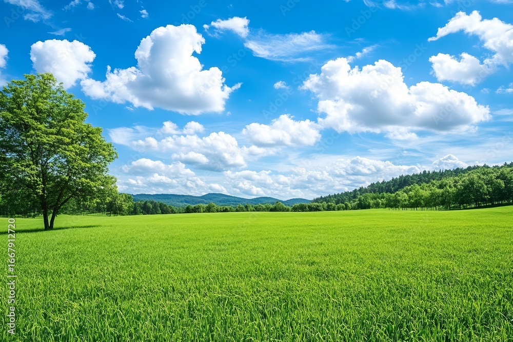 Obraz premium Wide shot of a vibrant green field under a clear blue sky with fluffy white clouds. A lone tree stands in the foreground
