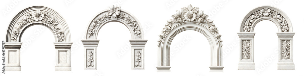 Fototapeta premium Collection of Ornamental Arches in White Plaster with Floral Decoration