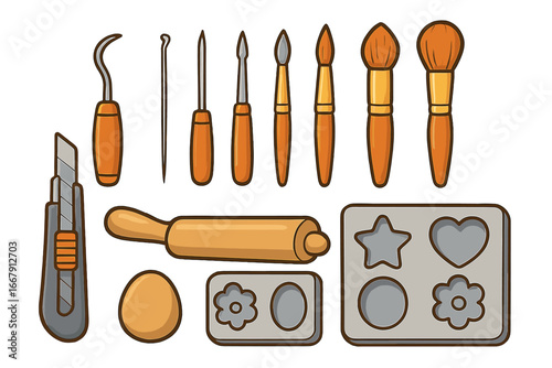 Crafting tools set for pottery and clay art. Hobby or creative workshop concept. Vector illustration with sculpting tools, brushes, rolling pin, cutter and molds. DIY kit.
