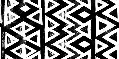 Monochrome ethnic seamless pattern with geometric shapes and grunge texture style