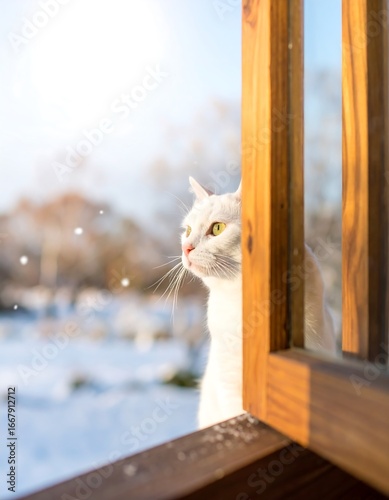 White cat looking out a window in snowy landscape