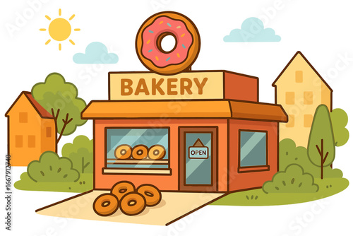 Bakery shop vector illustration. Cute cartoon donut store building facade. Small business in a neighborhood setting. Fresh pastry, sweet food, and dessert concept graphic.