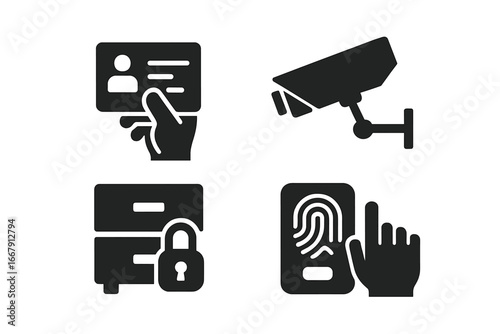 Office security solid glyph icon set. Access control with keycard, CCTV surveillance camera, locked data drawer, and biometric fingerprint identification vector illustration.
