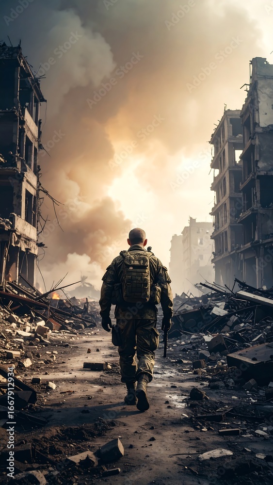 custom made wallpaper toronto digitalSoldier Walking Through War-Torn Cityscape at Sunset.