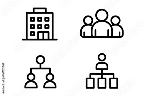 Organizational structure line icons set. Vector symbols of company building, business team, corporate hierarchy, department chart, and management reporting. Workflow concept.