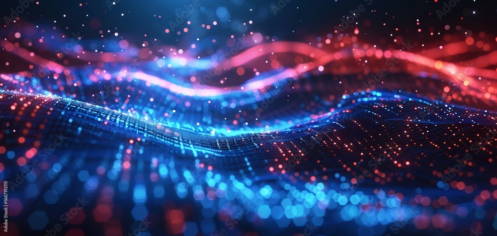 Obraz premium Abstract digital wave patterns with vibrant blue and red particles