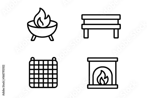 Outdoor fireplace and barbecue elements icon set. Vector line art collection with fire pit, seating bench, grill grate, and mantel for patio, backyard, or camping design.