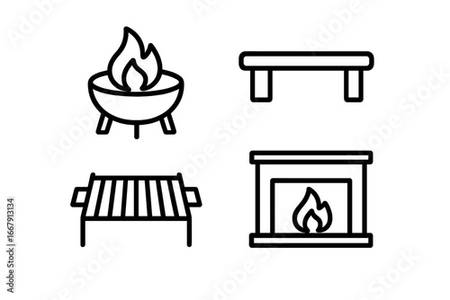 Outdoor fireplace and barbecue elements outline icon set. Vector line art of fire pit, seating bench, bbq grill grate, and mantelpiece. Backyard patio furniture for cooking.