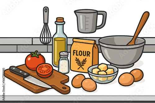 Culinary food preparation scene with ingredients for cooking and baking. Kitchen counter with flour, eggs, butter, oil, tomato. Recipe concept vector illustration with tools.