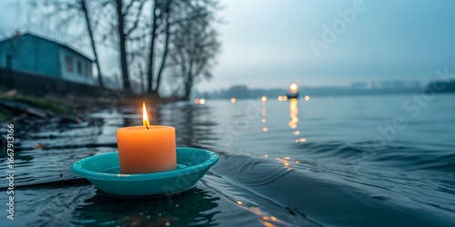 Lakeside Candle Floating on Water Peaceful Scene.