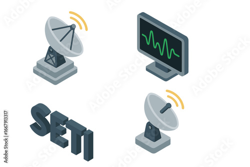 SETI icon grid isometric flat icon set. Technosignature search with radio telescope dish. Extraterrestrial signal waveform display. Vector illustration for space & science.